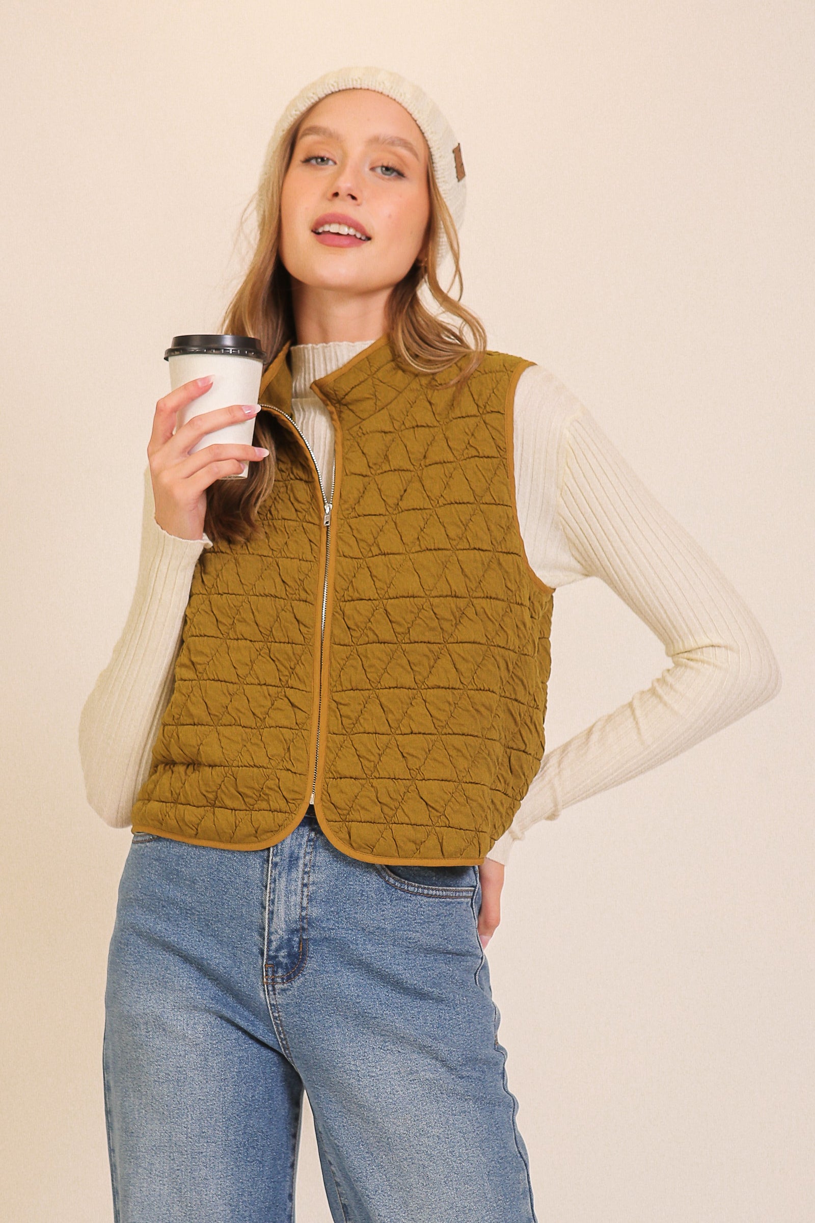 Chartreuse Quilted Lightweight Zip Up Vest