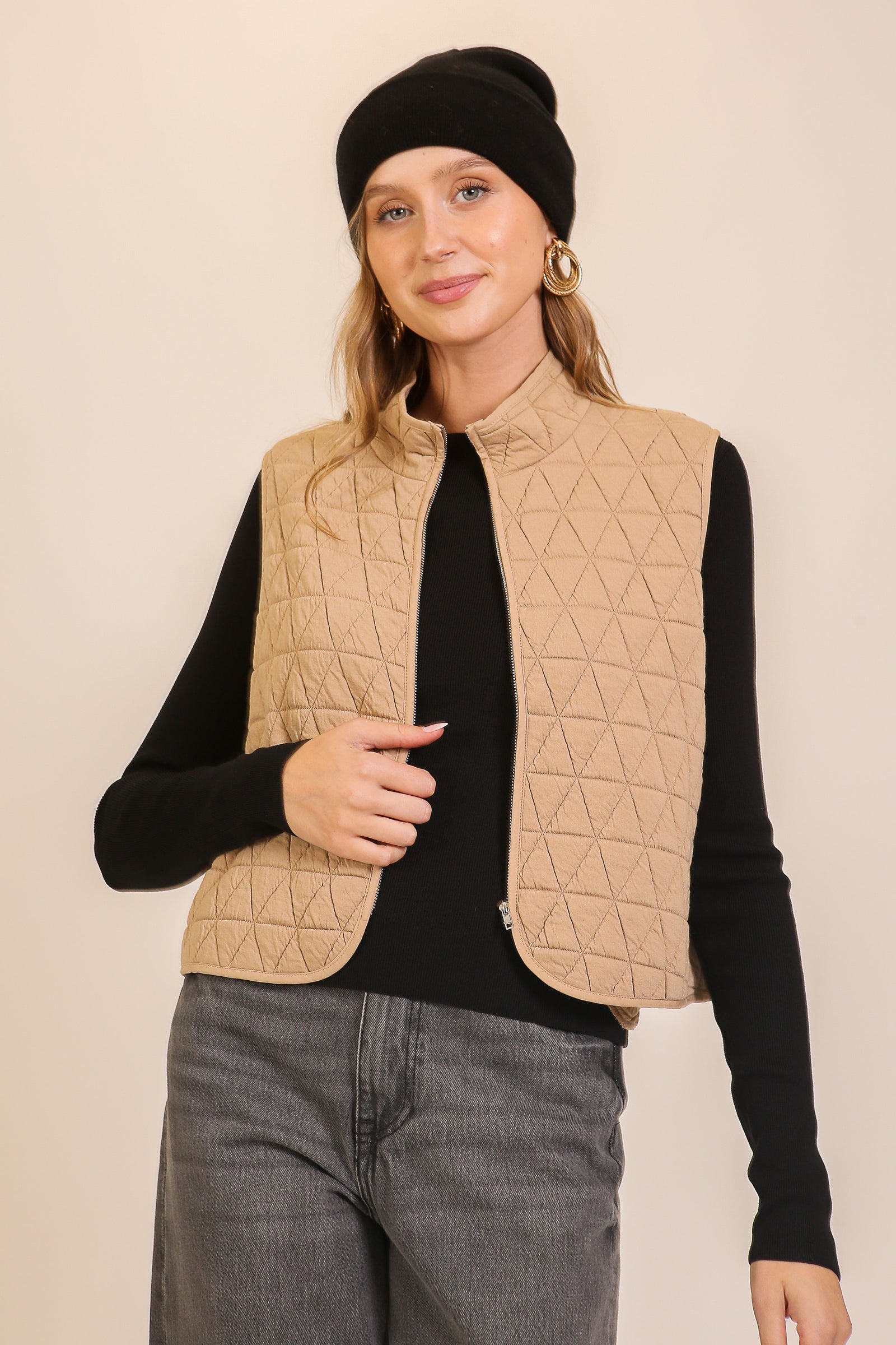 Taupe Quilted Lightweight Zip Up Vest