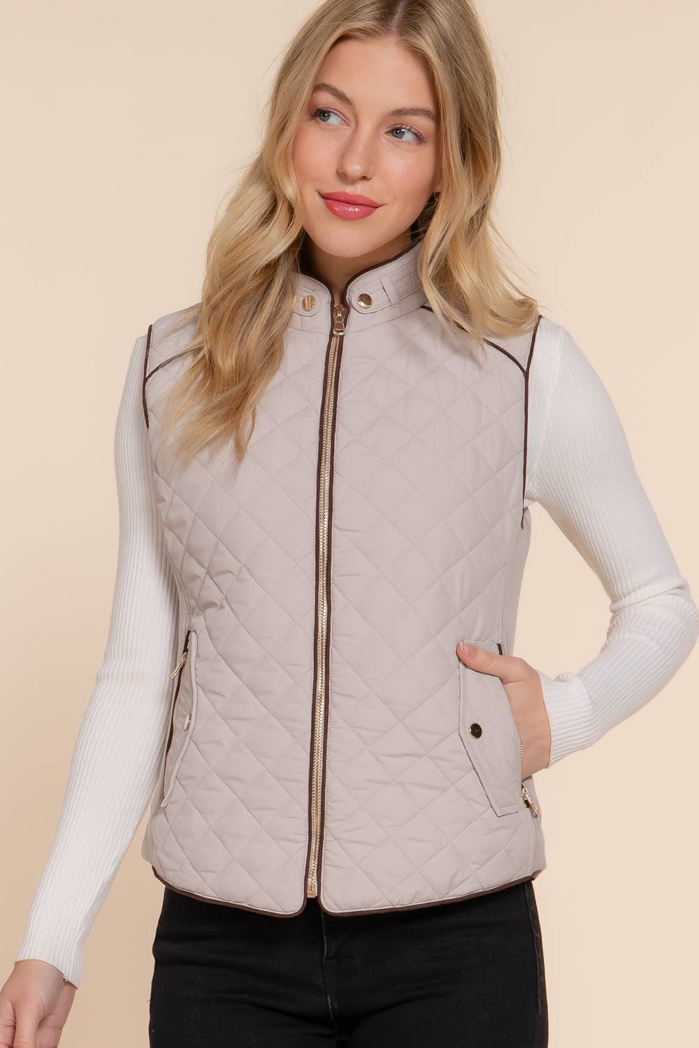 Taupe Suede Piping Detail Rib Quilted Vest