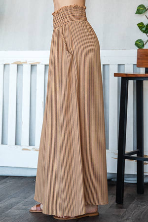 Camel Smocked Waist Band Wide Leg Maxi Pants