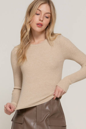 Oatmeal Crew Neck Viscose Rib Sweater