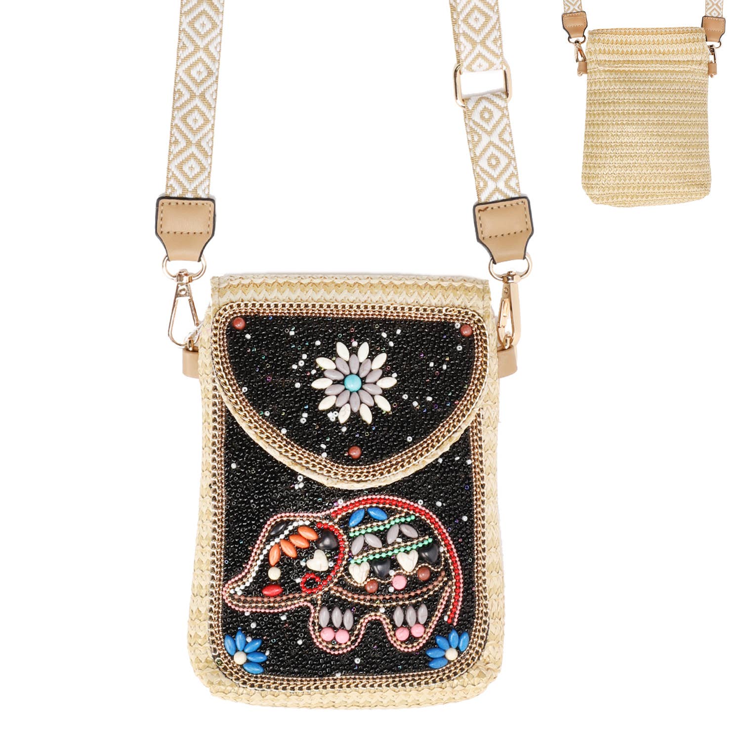 Black Floral Beaded Elephant Crossbody Bag