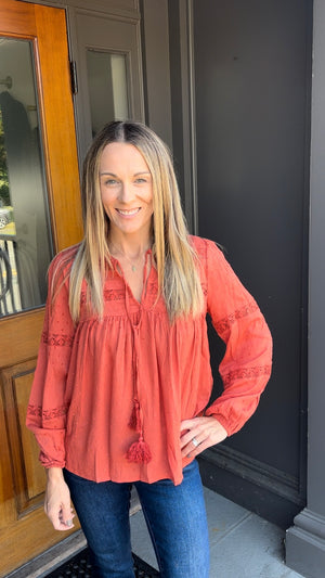 *FINAL SALE* Rust Tie Neck Blouse