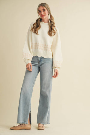 Ivory Scallop Hem Embroidered Sweater