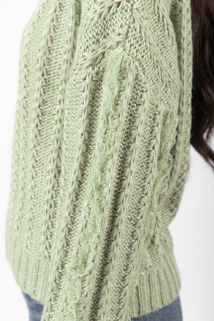 Sage Lace Trim Oversized Knit Sweater Top