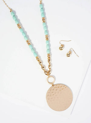 Hammered Circle Pendant Wood Beaded Chain Long Necklace Set With Earrings: Brown Multi
