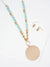 Hammered Circle Pendant Wood Beaded Chain Long Necklace Set With Earrings: Brown Multi