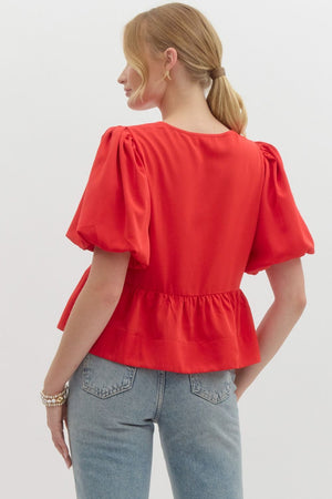 Red Peplum Bow Top