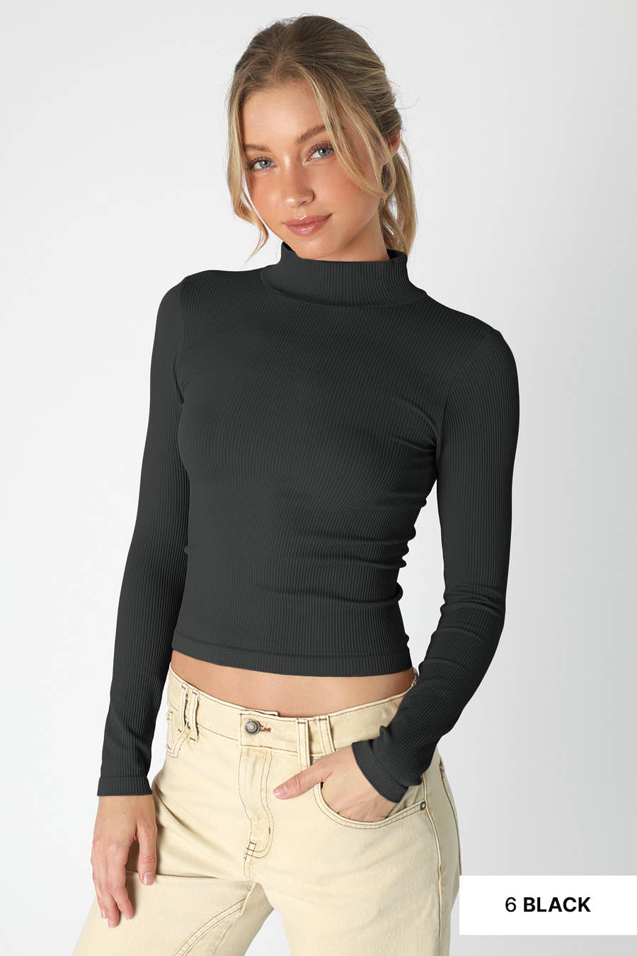 Black Ribbed Mock Neck Top