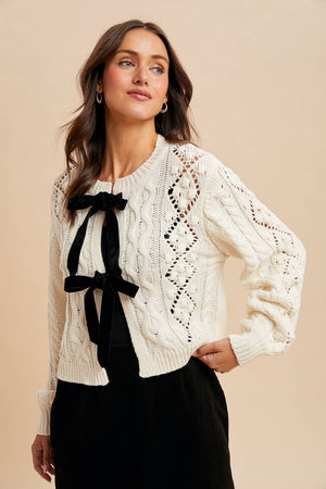 Cream Cable Knit Ribbon Tie Cardigan