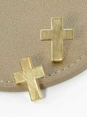 Brushed Metal Cross Stud Earrings: Matte Gold