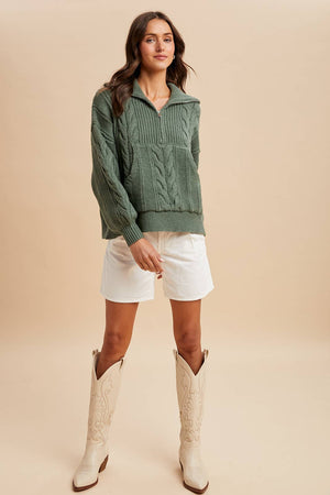 Sage Chunky Cable Knit Hal Zip Sweater