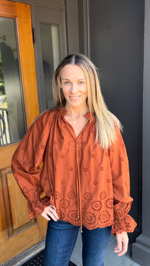 *FINAL SALE* Chestnut Eyelet Long Sleeve Blouse