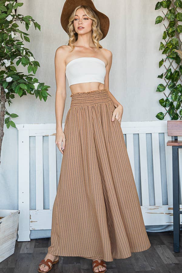 Camel Smocked Waist Band Wide Leg Maxi Pants