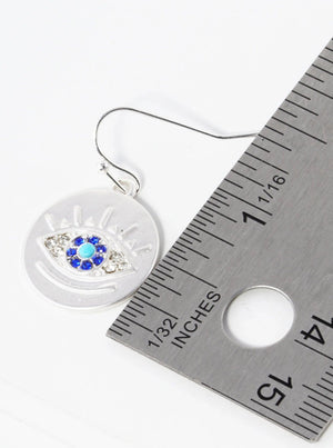 Evil Eye Disc Drop Dangle Earrings: Matte Silver
