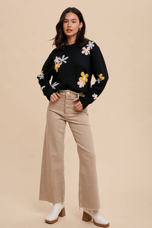 Black Floral Crew Neck Sweater