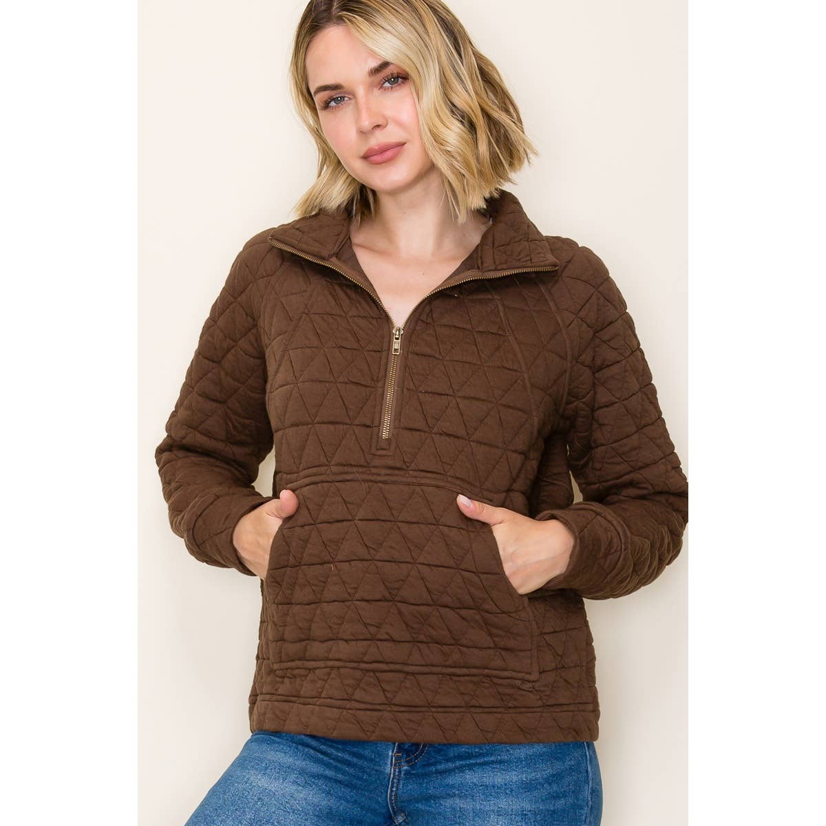 Brown Half Zip Quilted Sweatshirt
