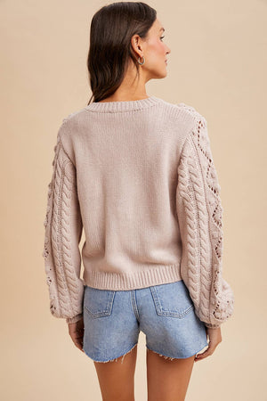 Dusty Rose Cream Cable Knit Ribbon Tie Cardigan