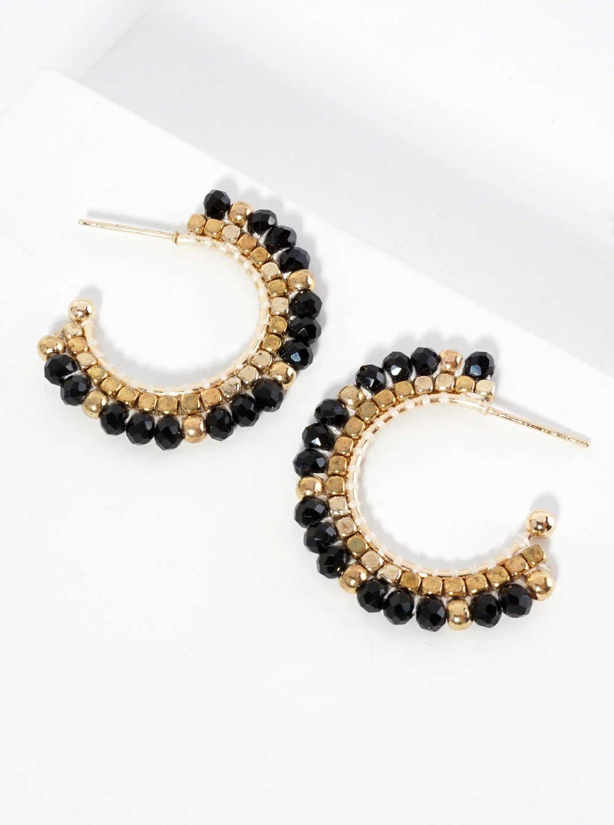 Hoop Earrings With Glass & Square Metallic Beads: Black