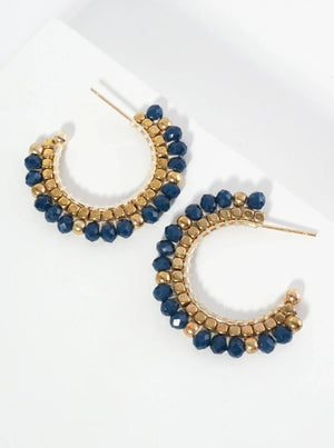 Hoop Earrings With Glass & Square Metallic Beads: Black