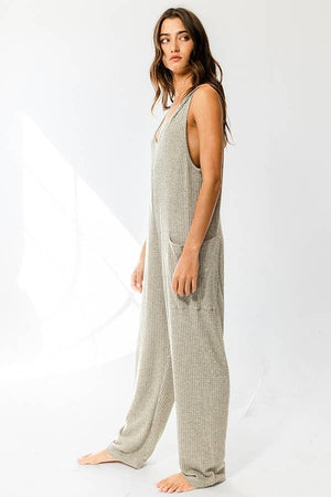 Olive Tank Textured Knit Jumpsuit With Pockets