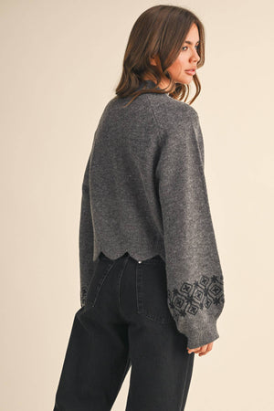 Charcoal Scallop Hem Embroidered Sweater