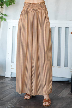 Camel Smocked Waist Band Wide Leg Maxi Pants