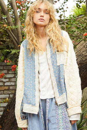 Cream Contrast Floral Quilted Jacket