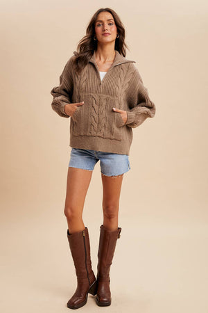 Fawn Chunky Cable Knit Hal Zip Sweater