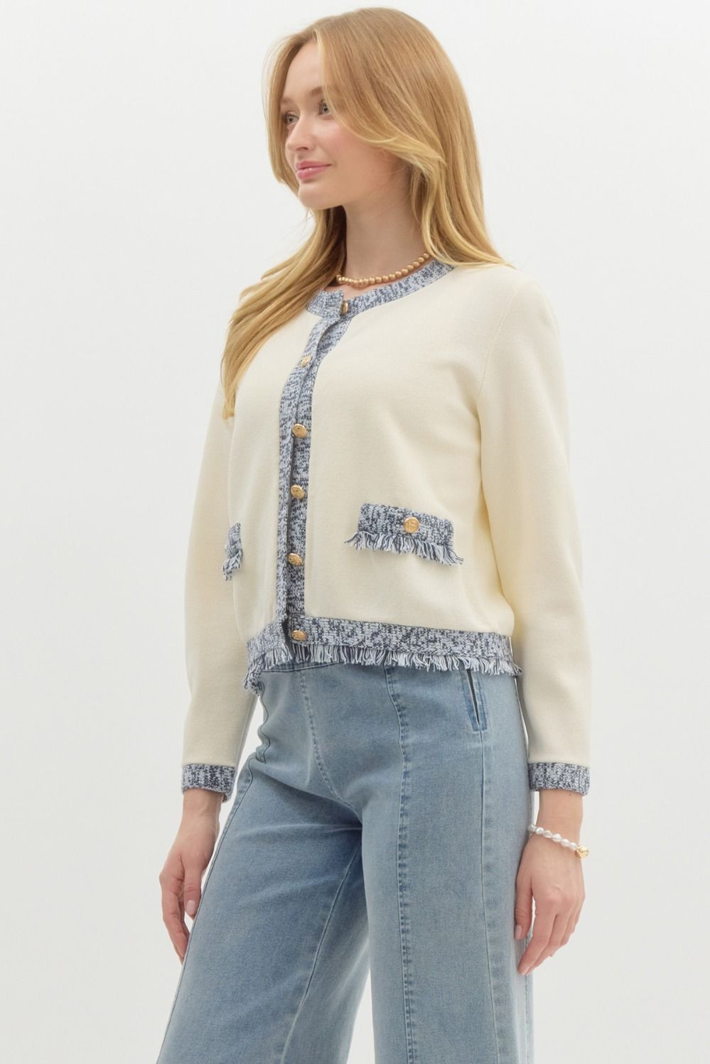 Cream & Navy Accent Gold Button Cardigan