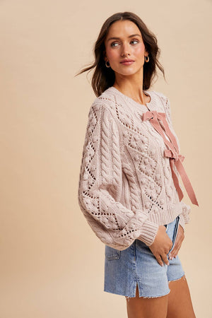 Dusty Rose Cream Cable Knit Ribbon Tie Cardigan