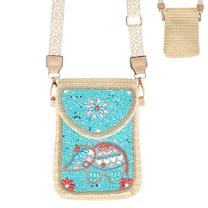 Black Floral Beaded Elephant Crossbody Bag