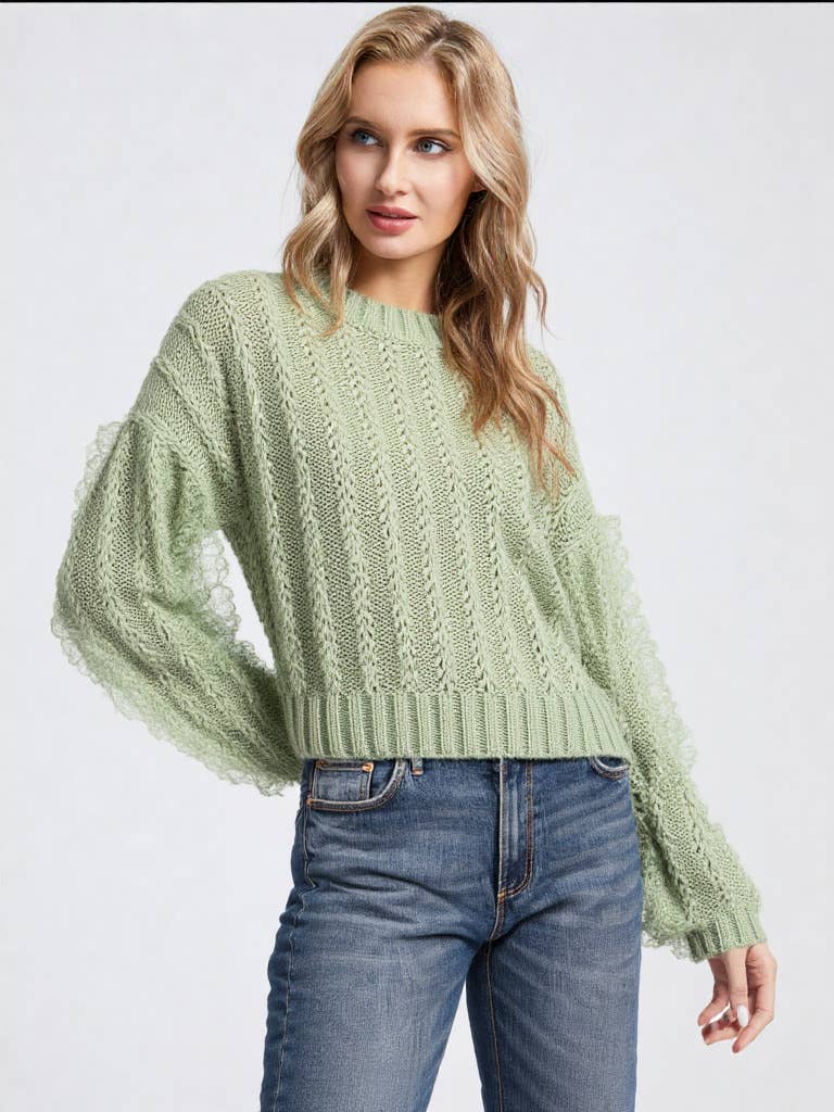 Sage Lace Trim Oversized Knit Sweater Top