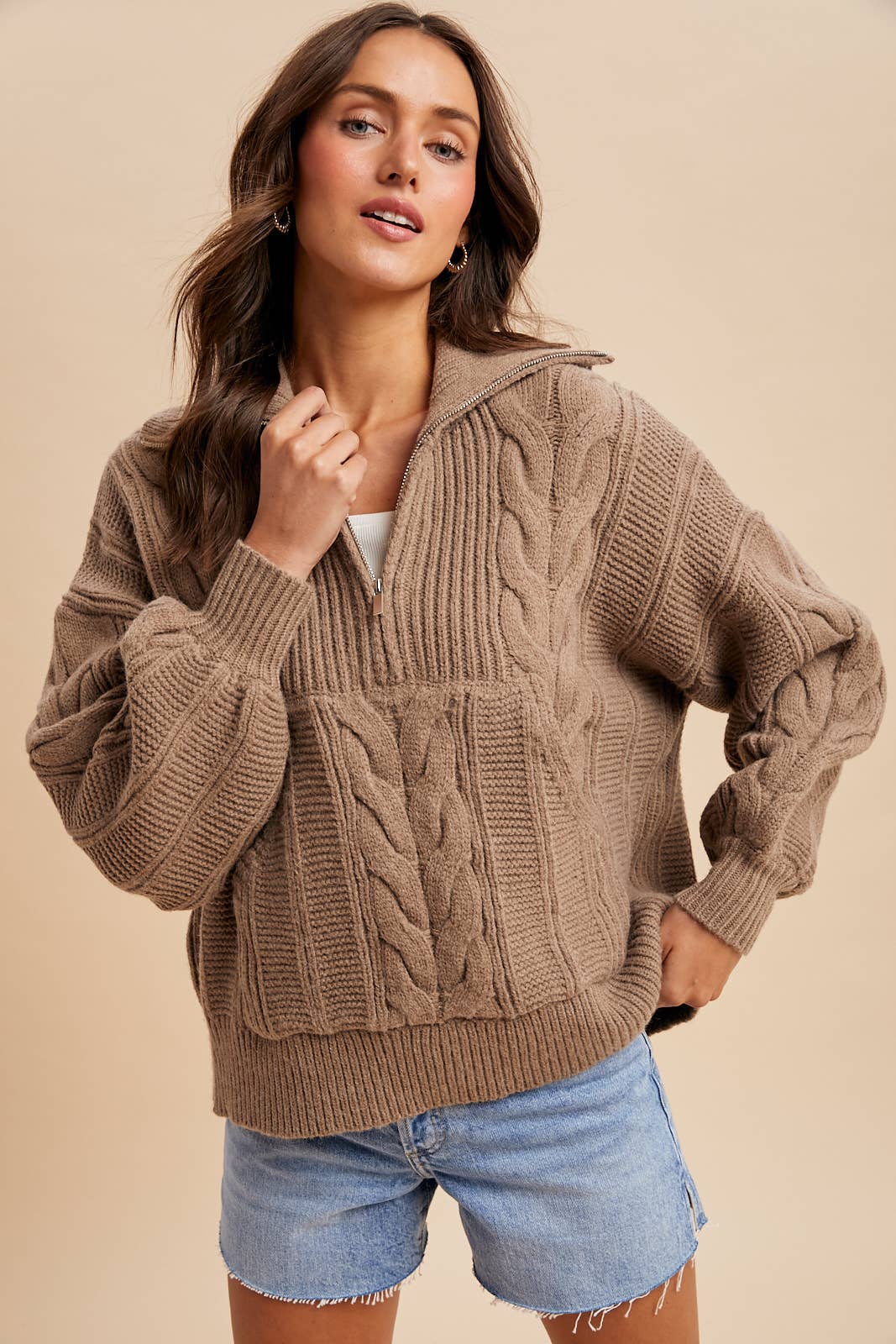 Fawn Chunky Cable Knit Hal Zip Sweater