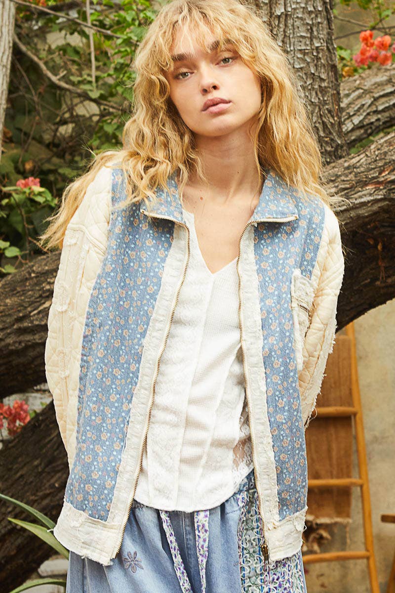 Cream Contrast Floral Quilted Jacket