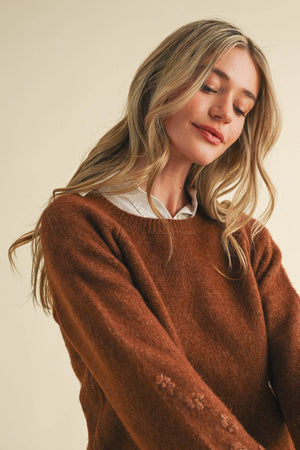 Mocha Floral Knit Puff Sleeve Sweater