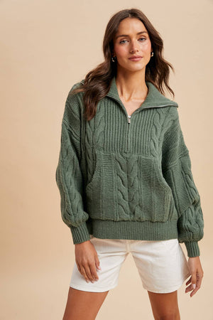 Sage Chunky Cable Knit Hal Zip Sweater