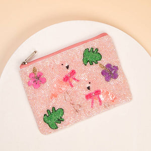 Blue Pink Flamingo Beaded Card Coin Bag