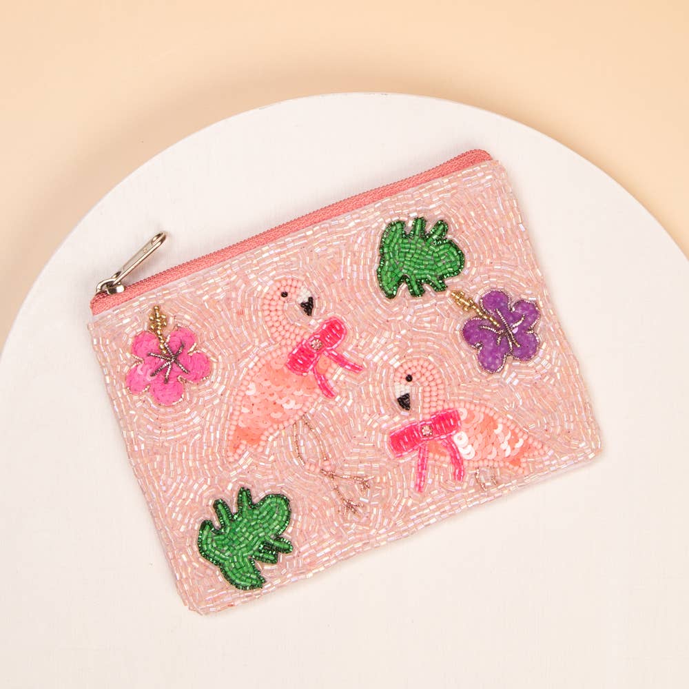 Pink Flamingo Beaded Card Coin Bag