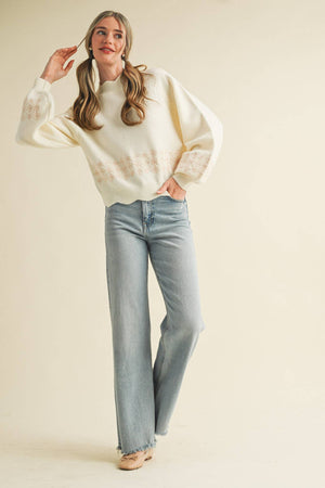 Ivory Scallop Hem Embroidered Sweater