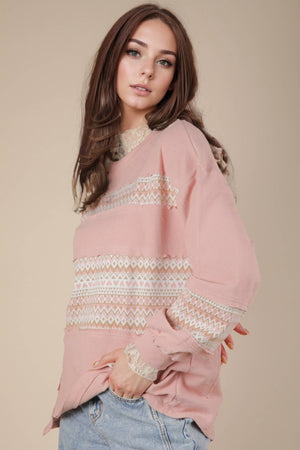 Blush Oversized Printed Knit Contrast Knit Top
