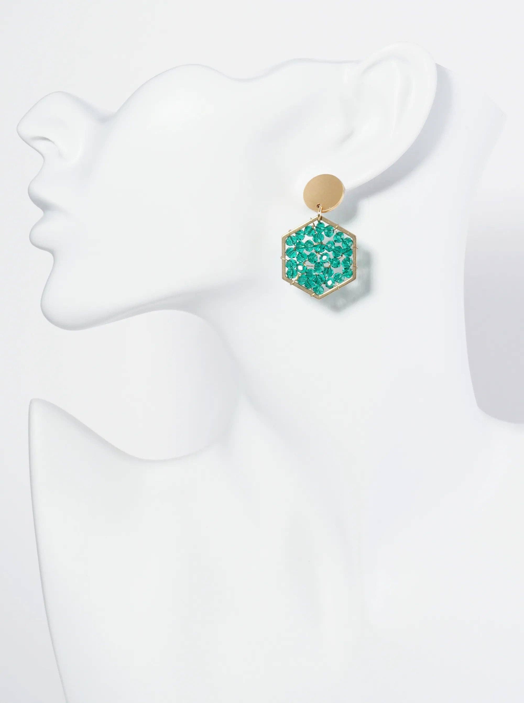 Faceted Glass Beads Hexagon Drop Dangle Earrings: Emerald