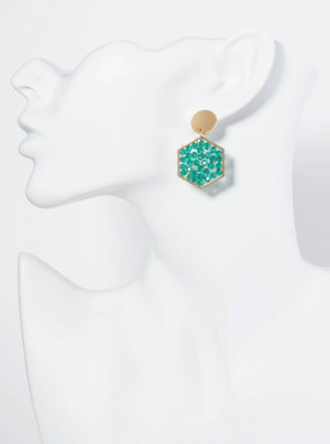 Faceted Glass Beads Hexagon Drop Dangle Earrings: Emerald