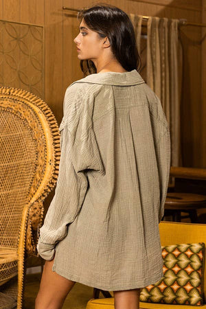 Washed OliveTextured Gauze Utility Button-down Shirt