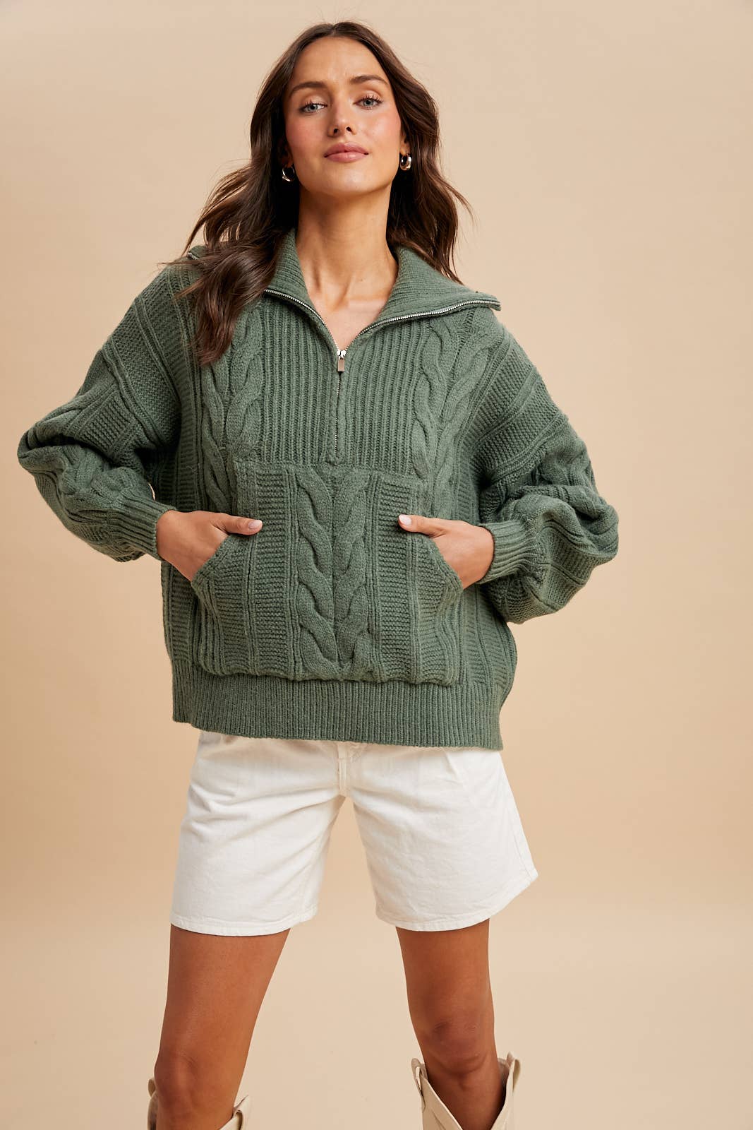 Sage Chunky Cable Knit Hal Zip Sweater