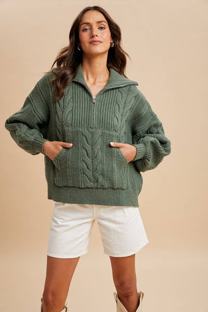 Sage Chunky Cable Knit Hal Zip Sweater