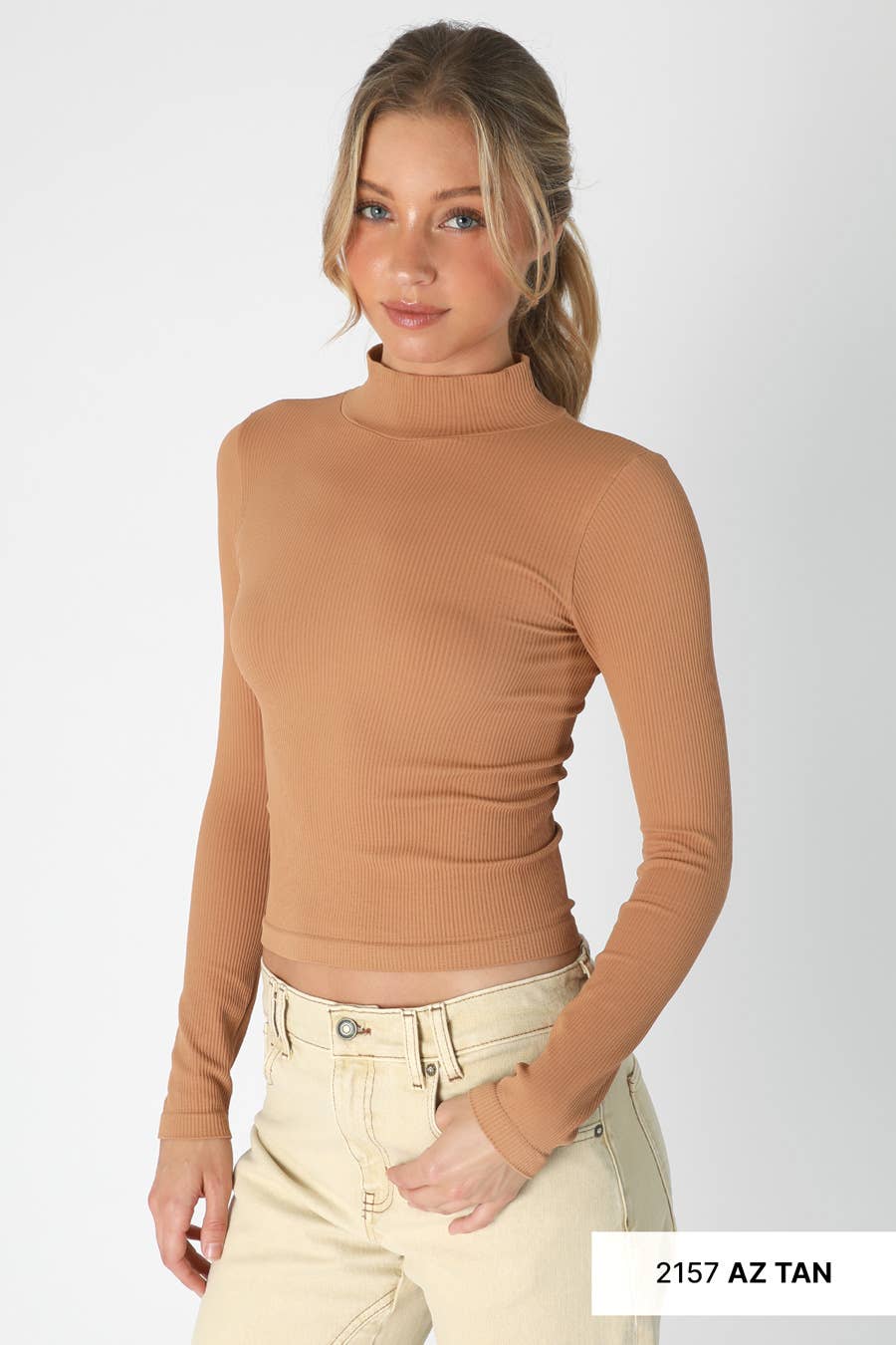 Tan Ribbed Mock Neck Top