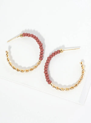 Metal and Wood Beads 30mm Lightweight Hoop Earrings: Brown Multi