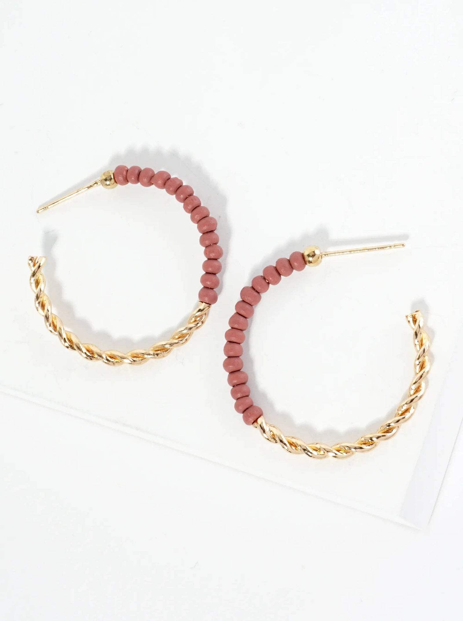 Metal and Wood Beads 30mm Lightweight Hoop Earrings: Dusty Pink