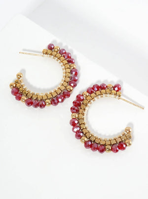 Hoop Earrings With Glass & Square Metallic Beads: Black